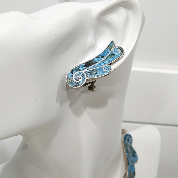 1940s Taxco Mexico Sterling Silver 950 Blue Stone Inlay 3 Piece Demi Parure Set - Picture 6 of 16